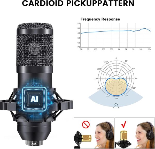 Podcast Equipment Bundle for 2, Audio Interface with Cardioid Designer BM800 Mic for Gamer and All-in-One DJ Mixer, Perfect for Live Streaming, Singing, YouTube - Image 3
