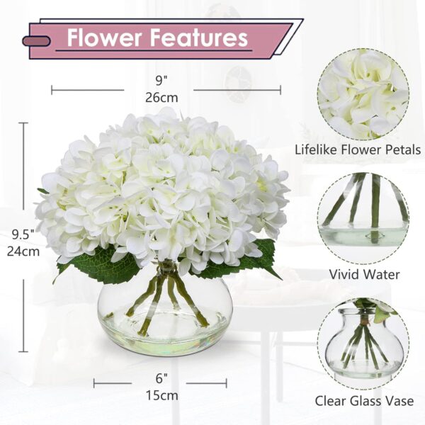 Hollyone Hydrangea Artificial Flowers with Vase White Silk Fake Flowers Arrangements in Glass Vase with Faux Water for Home Bathroom Office Table Centerpiece Shelf Decorations - Image 2