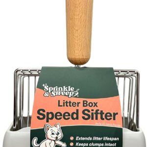 Sprinkle & Sweep Metal Cat Litter Scoop - Heavy Duty Litter Scooper & Speed Sifter with Comfortable Beech Wood Grip - Washable Convenient Stand for Easy and Efficient Cleaning