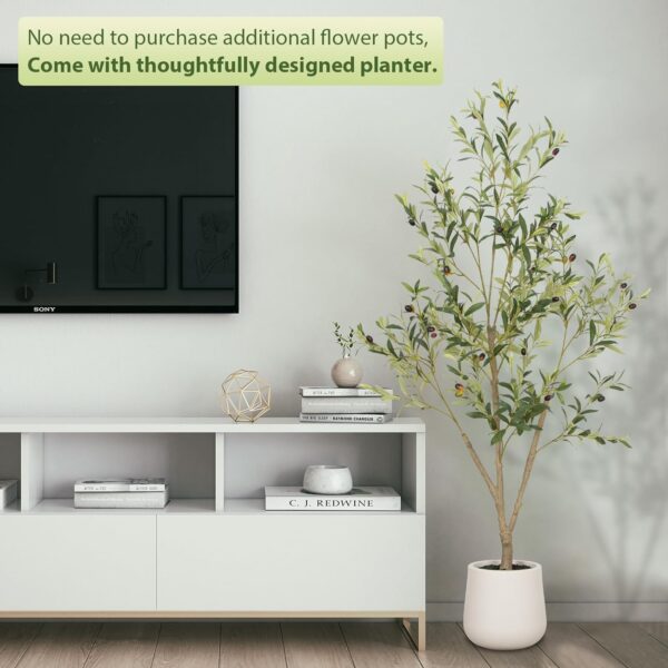 Olive Trees Artificial Indoor, 6FT Tall Faux Olive Tree with White Tall Planter, Artificial Plants with Natural Wood Trunk and Lifelike Fruits for Home Office Decor - Image 4