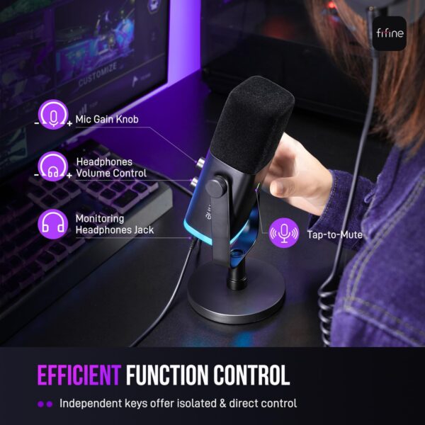 FIFINE USB/XLR Dynamic Microphone for Podcast Recording, PC Computer Gaming Streaming Mic with RGB Light, Mute Button, Headphones Jack, Desktop Stand, Vocal Mic for Singing YouTube-AmpliGame AM8 - Image 8