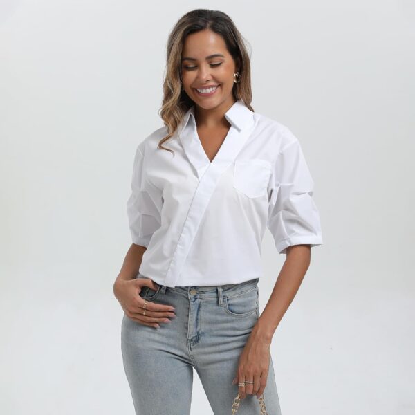 Womens White V Neck Blouse Shirt Short Ruched Sleeves Niche Casual Tops with One Front Chest Pocket - Image 7