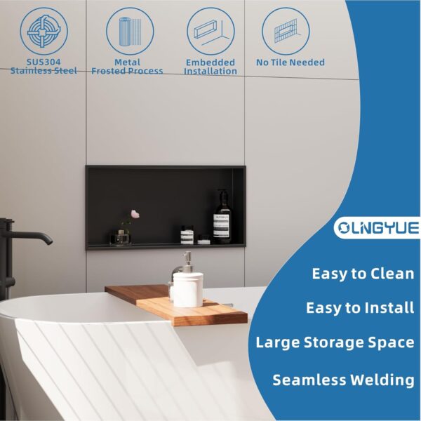 Shower Niche Stainless Steel: No Tile Needed - 24"x12" Recessed Wall Niche Shelf for Bathroom Kitchen Toilet Living Room Storage - Matte Black - Image 2