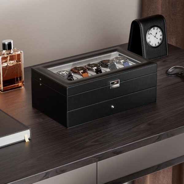 ProCase Watch Box for Men, 12 Slot Mens Watch Case With Drawer, Watch Display Case With Glass Lid, 2-Layer Watch Holder Organizer, Jewelry and Watch Storage for Men Women -12Slot, Black - Image 2