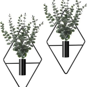 Jexine Hanging Planters with Artificial Eucalyptus Metal Hanging Vase Indoor Plants Holder Modern Geometric Boho Bathroom Wall Decor for Living Room Home Office (Black,4 Pcs)