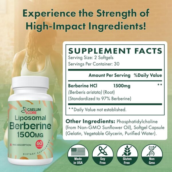 Liposomal Berberine HCL - Berberine 1500mg Activates AMPK & GLP-1, High Bioavailability Berberines Supplement for Women and Men, Berberine Plus Overall Health Support (1 Pack) - Image 7