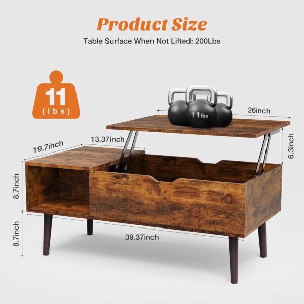 Sweetcrispy Coffee Table, Lift Top Coffee Tables for Living Room, Small Rising Wooden Dining Center Tables with Storage Shelf and Hidden Compartment, Brown - Image 3