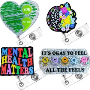 4PC Mental Health Matters Badge Reel Awareness Social Work Worker Medical Nurse Badges Clip Holder Retractable Funny Cute It’s Okay to Feel All Feels You Matter Green Heart Neuro Gifts Accessories