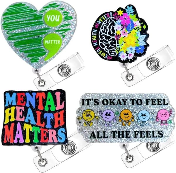 4PC Mental Health Matters Badge Reel Awareness Social Work Worker Medical Nurse Badges Clip Holder Retractable Funny Cute It’s Okay to Feel All Feels You Matter Green Heart Neuro Gifts Accessories