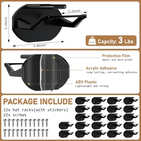 22 Pack Adhesive Hat Hooks for Wall, Super Strong Hat Rack for Baseball Caps, Hat Organizer Display for Home Decor, Hat Hangers Holder for Wall, Door, Closet, No Drilling - USA Patented (Black) - Image 4