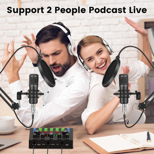 Podcast Equipment Bundle for 2, Audio Interface with Voice Changer Condenser Microphones for Gamer, All-in-One Audio Mixer Perfect for Live Streaming, Singing, YouTube, Gaming - Image 2