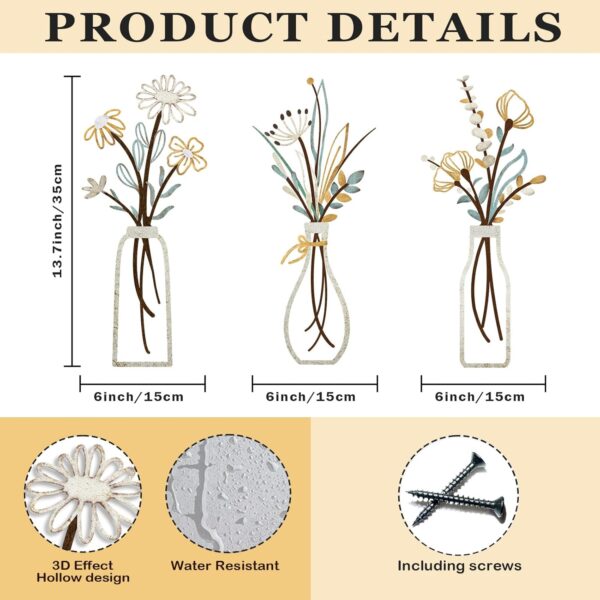 Pigort 3 Pieces Metal Flowers Wall Arts - Rustic Farmhouse Decor Beige Minimalist Flower Wall Decors for Living room Bathroom Bedroom Dining Room-Housewarming Gifts (Beige, Vase-C) - Image 2