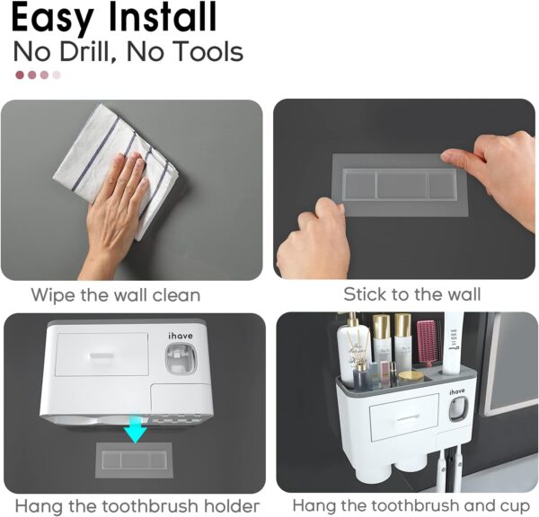 iHave Toothbrush Holders for Bathrooms, 2 Cups Toothbrush Holder Wall Mounted with Toothpaste Dispenser - Large Capacity Tray, Cosmetic Drawer - Bathroom Decor & Bathroom Accessories - Image 3