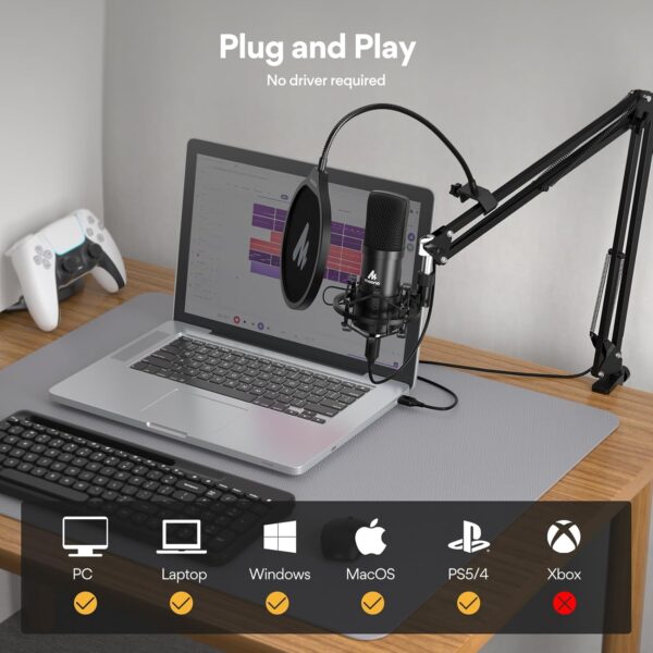 USB Microphone, MAONO 192KHZ/24Bit Plug & Play PC Computer Podcast Condenser Cardioid Metal Mic Kit with Professional Sound Chipset for Recording, Gaming, Singing, YouTube (AU-A04) - Image 4