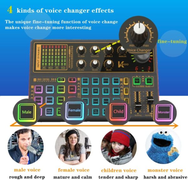 K300 Sound Effects Board Set, LED Light Voice Changer Sound Card with Multiple Sound Effects - Podcast Equipment Bundle for Live Streaming/Laptop Computer Vlog/Living Broadcast YouTube or TikTok - Image 4