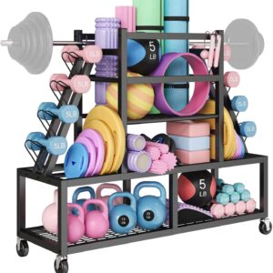 Dumbbell Rack Weight Rack Storage-Large Dumbbells Rack Home Gym Storage,Multilevel Workout Storage Organizer with Wheels and Barbell Holder,Perfect for Yoga Mat Balls Kettlebells and Fitness Gear,black