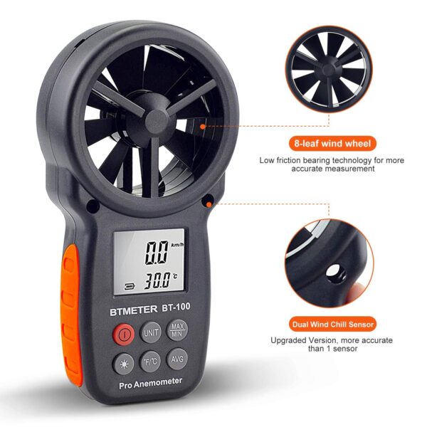BTMETER BT-100 Handheld Anemometer, Digital Wind Speed CFM Meter Gauge Air Flow Velocity Tester for HVAC Shooting Drone, Wind Chill, 14℉-113℉ Wind Temperature - Image 5