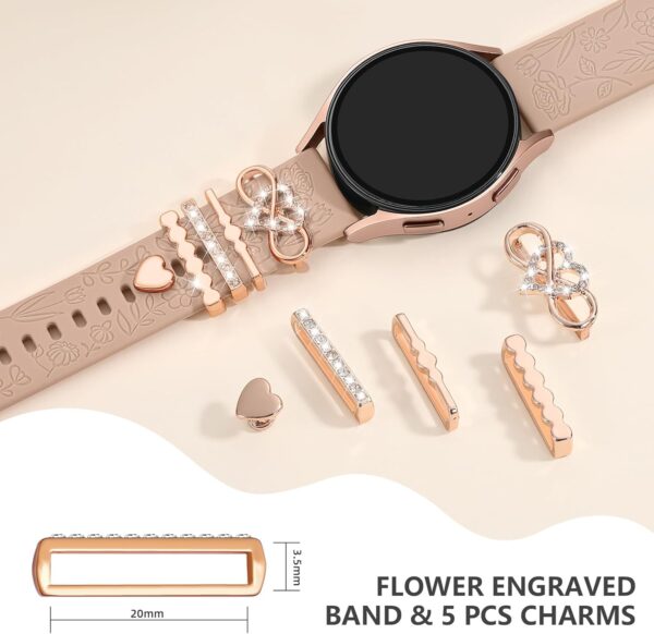 DaQin Flower Engraved Band Compatible with Samsung Galaxy Watch 7 Band/FE 6 5 4 40mm 44mm,Galaxy Active 2, 20mm Watch Band Soft Silicone Replacement Strap with Decorative Charms Accessories Women - Image 5