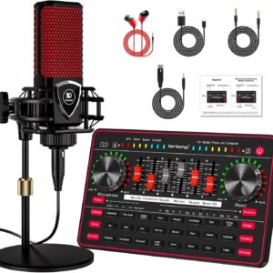 Podcast Microphone Bundle with Live Sound Board Audio Mixer, Podcast Equipment Bundle with 3.5mm Condenser Microphone for Pc/Phone Live Streaming Singing Gaming, Soundboard with Voice Changer, Denoise
