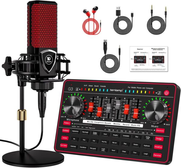 Podcast Microphone Bundle with Live Sound Board Audio Mixer, Podcast Equipment Bundle with 3.5mm Condenser Microphone for Pc/Phone Live Streaming Singing Gaming, Soundboard with Voice Changer, Denoise