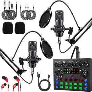 Podcast Equipment Bundle For 2, ALPOWL Audio Interface with Cardioid Designer BM800 Mic for Gamer and All-In-One DJ Mixer, perfect for Live Streaming, Singing, YouTube, Gaming