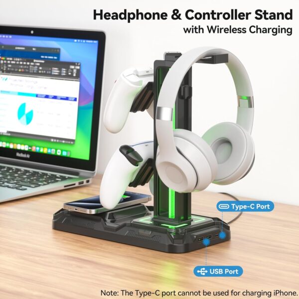 KDD Headphone & Controller Stand with Wireless Charging - Rotatable Headset Stand with 9 Light Modes - Controller Holder with 2 USB and Type C Ports - for Gamers Desktop Accessories - Image 2