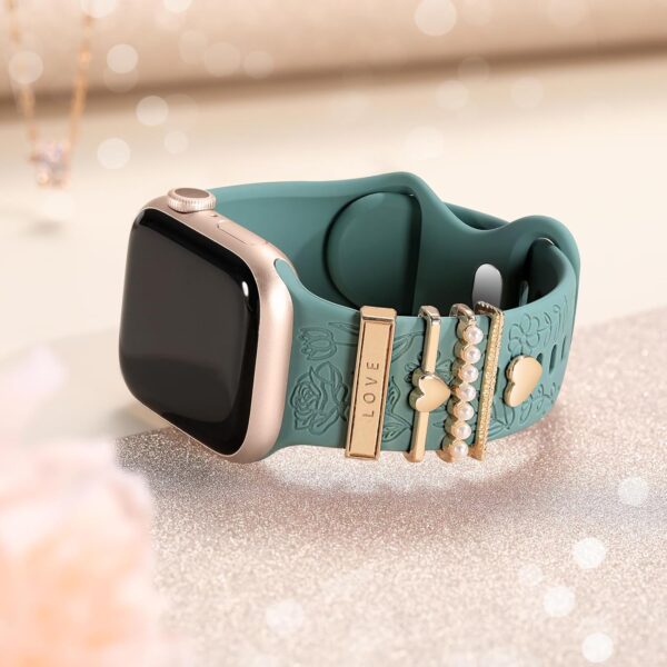 DaQin Flower Engraved Band Compatible with Apple Watch Bands for Women 40mm 38mm 41mm 42mm, Soft Silicone Band With Decorative Apple Watch Charms for iWatch Series 10 9 8 7 6 5 4 3 2 1 SE - Image 9