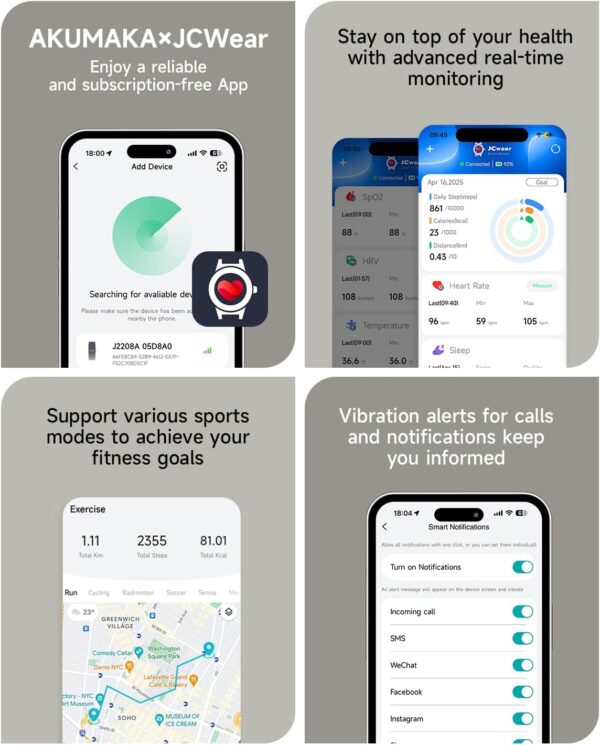 Health Fitness Tracker, Wearable Activity Step Tracker for Men Women, Continuous Sleep/ Heart Rate/ SpO2/ Stress/ Blood Pressure Monitor, IP68 Multiple Sports Modes Watch, Free App for Android iPhone - Image 2