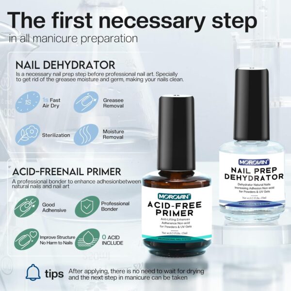Morovan Professional Natural Nail Prep Dehydrate and Acid-Free Primer, Dehydrator for Acrylic and Gel Nail Polish, Non Acid Primer for UV Gels Fast Dry Superior Bonding Agent Gift Box Set - Image 3