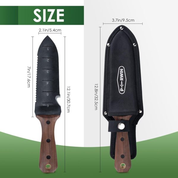 Hori Hori Garden Knife, Garden Tools with Sheath for Weeding,Planting,Digging, 7" Stainless Steel Blade with Cutting Edge, Full-Tang Wood Handle with Hanging Hole - Image 5