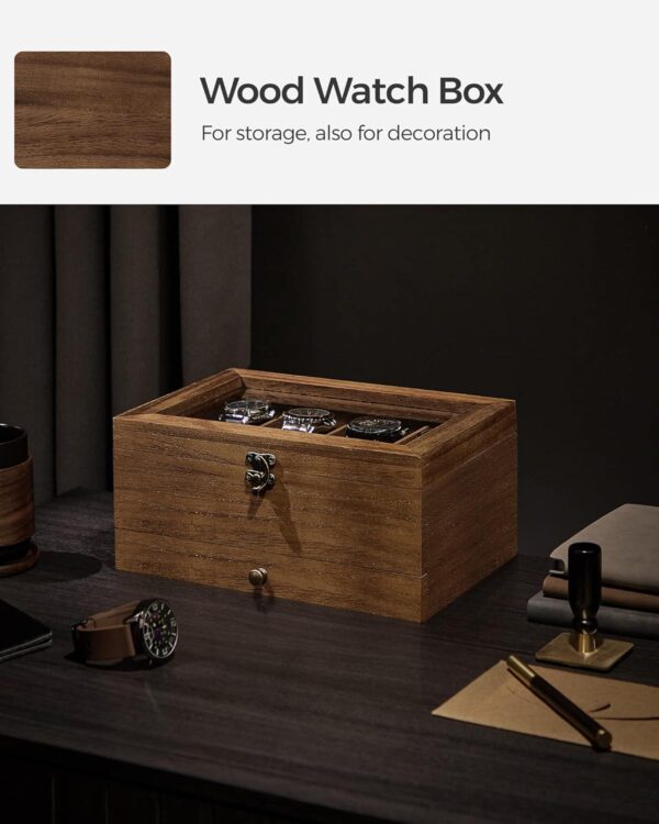 SONGMICS 8-Slot Watch Box, 2-Tier Watch Display Case with Large Glass Lid, Removable Watch Pillows, Velvet Lining, Jewelry Box, Gift Idea, Rustic Walnut UJOW008K01 - Image 5