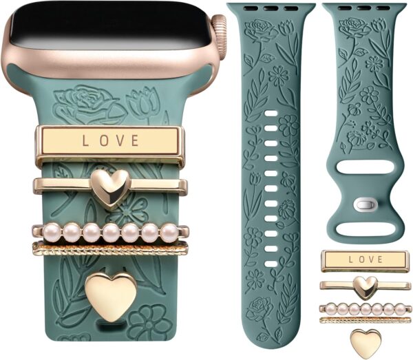 DaQin Flower Engraved Band Compatible with Apple Watch Bands for Women 40mm 38mm 41mm 42mm, Soft Silicone Band With Decorative Apple Watch Charms for iWatch Series 10 9 8 7 6 5 4 3 2 1 SE