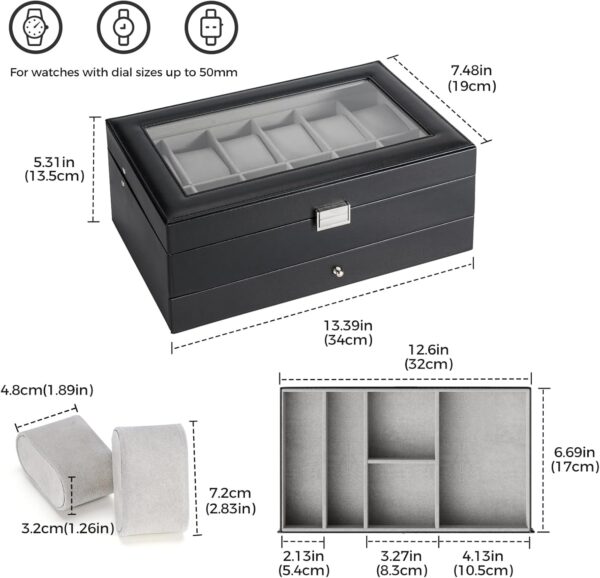ProCase Watch Box for Men, 12 Slot Mens Watch Case With Drawer, Watch Display Case With Glass Lid, 2-Layer Watch Holder Organizer, Jewelry and Watch Storage for Men Women -12Slot, Black - Image 6