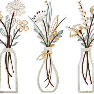 Pigort 3 Pieces Metal Flowers Wall Arts - Rustic Farmhouse Decor Beige Minimalist Flower Wall Decors for Living room Bathroom Bedroom Dining Room-Housewarming Gifts (Beige, Vase-C)