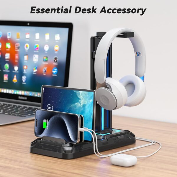 KDD Headset Stand with Charging Station - Detachable Controller Holder with 9 Light Modes - Rotatable Headphone Hanger with USB A&C Charger Ports - Earphone Hook for PC Gaming Accessories Storage - Image 8