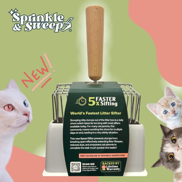 Sprinkle & Sweep Metal Cat Litter Scoop - Heavy Duty Litter Scooper & Speed Sifter with Comfortable Beech Wood Grip - Washable Convenient Stand for Easy and Efficient Cleaning - Image 8