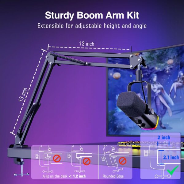 FIFINE XLR/USB Gaming Microphone Set, Dynamic PC Mic for Streaming Podcasting, Computer RGB Mic Kit with Boom Arm Stand, Mute Button, Headphones Jack, for Recording Vocal Voice-Over-AmpliGame AM8T - Image 6