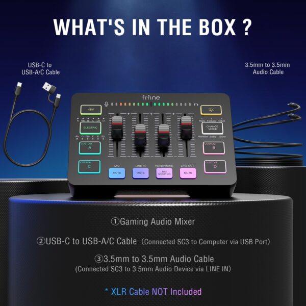 FIFINE Gaming Audio Mixer, Streaming RGB PC Mixer with XLR Microphone Interface, Individual Control, Volume Fader, Mute Button, 48V Phantom Power, for Podcast/Recording/Vocal/Game Voice-AmpliGame SC3 - Image 9