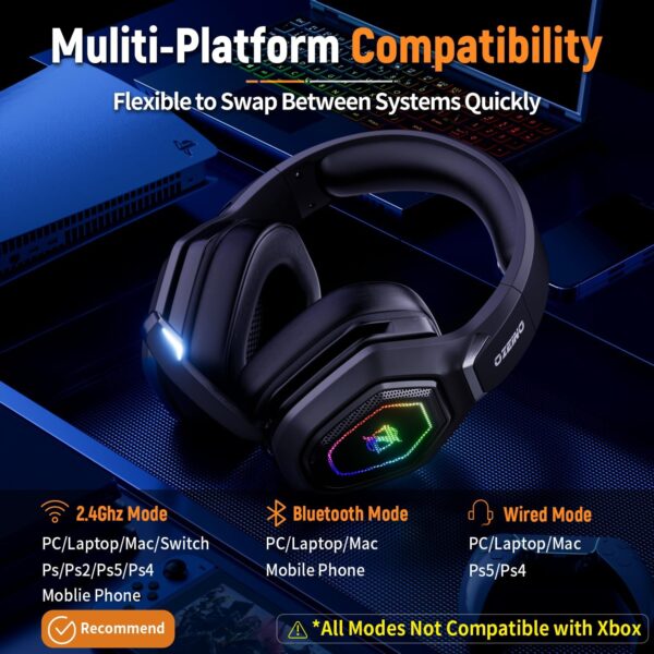 2.4GHz Wireless Gaming Headset with Microphone, 2.4G USB & Type C Transmitter - 30h Battery Life - RGB Lighting Gaming Headphones for PS5, PS4, PC, Phone - Image 5