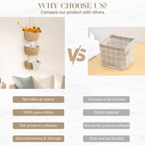 TeoKJ Over the Door Hanging Basket, 3-Tier Woven Cotton Wall-Mounted Storage Organizer Bag Decorative Hanging Nursery Baskets - Jute - Image 5