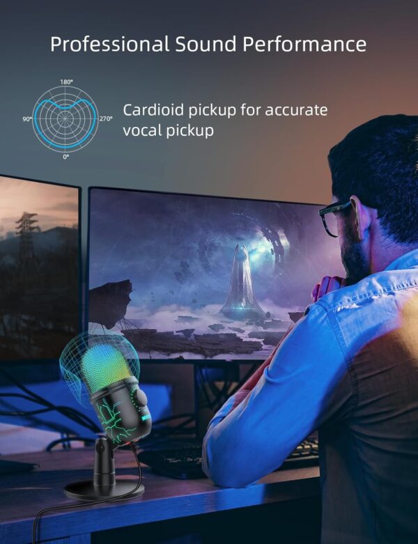 Gaming Microphone, USB Computer Microphone for PC, Mac, PS4/5, Condenser Podcast Mic for Studio Recording, YouTube, Streaming, with Headphone Jack, Led Light, Mute, Gain, Noise Cancellation - Image 7