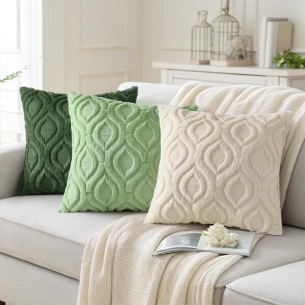 decorUhome Throw Pillow Covers 18x18 Inch Set of 2, Soft Plush Faux Wool Beige Solid Couch Pillow Covers, Accent Farmhouse Neutral Square Pillow Cases for Sofa Bed Living Room Home Decor - Image 4