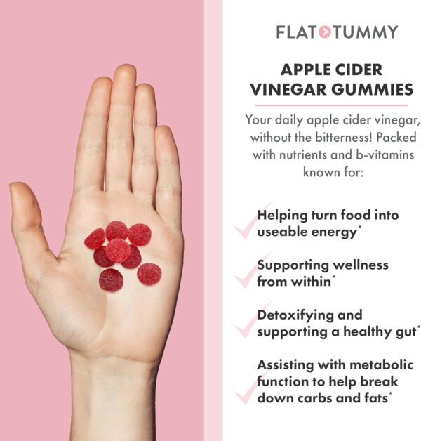 Flat Tummy Apple Cider Vinegar Gummies, 60 Count – ACV Gummies, Detox, Support Gut Health – Vegan-Friendly, Non-GMO - Beet and Pomegranate Superfood Powders, Vitamins B6, B9 & B12 - Image 3