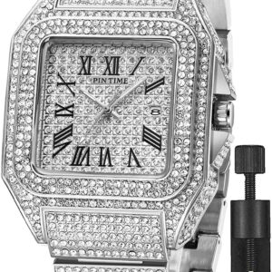 Gosasa Fashion Hip Hop Men's Crystal Watch Bling Bling Watch Rectangle Case Stainless Steel Quartz Analog Bracelet Wristwatch