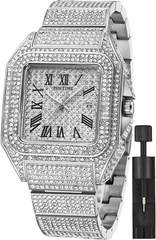 Gosasa Fashion Hip Hop Men's Crystal Watch Bling Bling Watch Rectangle Case Stainless Steel Quartz Analog Bracelet Wristwatch