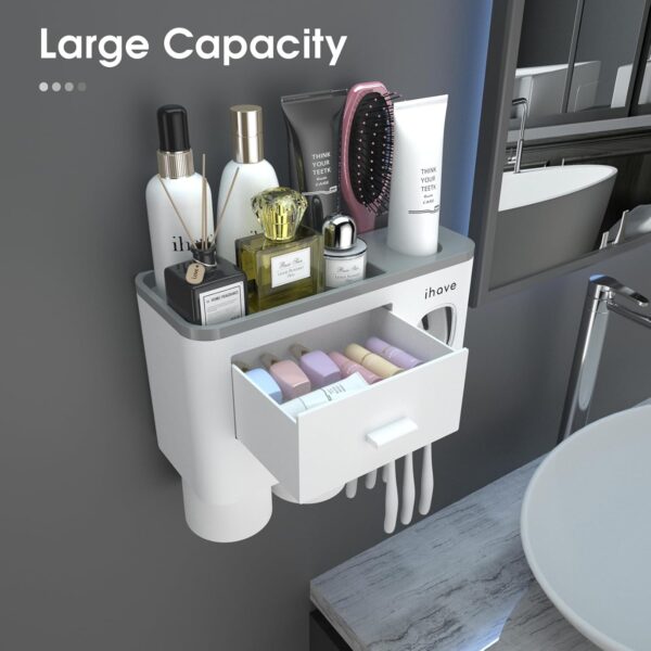 iHave Toothbrush Holders for Bathrooms, 2 Cups Toothbrush Holder Wall Mounted with Toothpaste Dispenser - Large Capacity Tray, Cosmetic Drawer - Bathroom Decor & Bathroom Accessories - Image 2