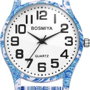 OIDEA Stretch Band Watches for Women: Bohemia Flower Easy Reader Elastic Band Watch Large Face Big Number Analog Quartz Bracelet Watch Expansion Band Wristwatch