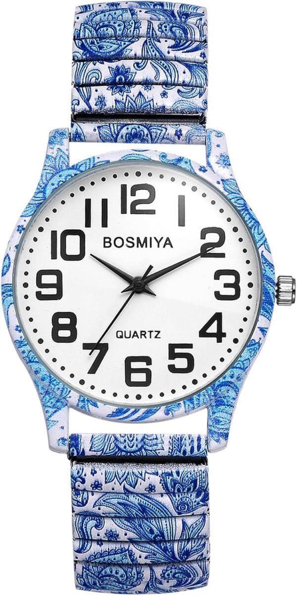 OIDEA Stretch Band Watches for Women: Bohemia Flower Easy Reader Elastic Band Watch Large Face Big Number Analog Quartz Bracelet Watch Expansion Band Wristwatch