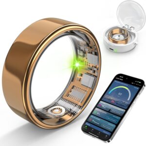 Smart Ring with Sleep Monitoring, Step Counting, Heart Rate, Blood Oxygen for iPhone and Android, No Subscription Fee, IP68 Waterproof Health Tracker (Gold, 8)