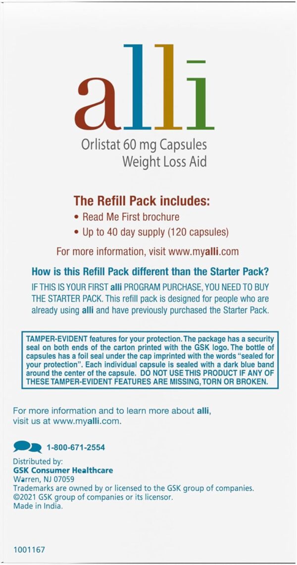 alli Weight Loss Diet Pills, Orlistat 60 mg Capsules, Non Prescription Weight Loss Aid, 120 Count Refill Pack - Image 9